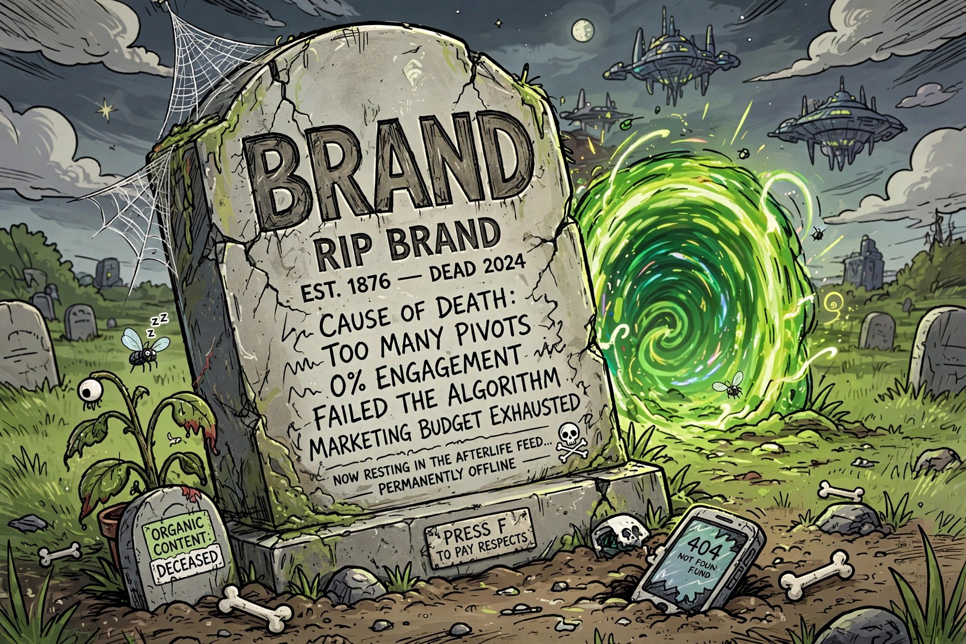 Cartoon tombstone reading RIP BRAND, EST. 1876 to DEAD 2024, in a graveyard with a glowing green portal